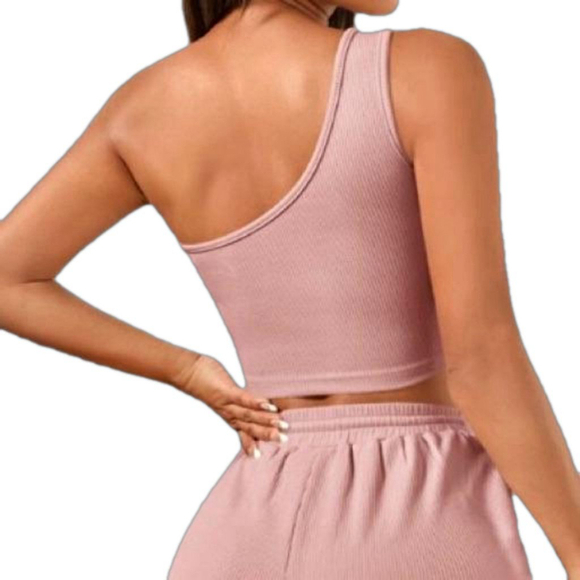 Pink One Shoulder Crop Top and Shorts Set - Picture 4 of 10